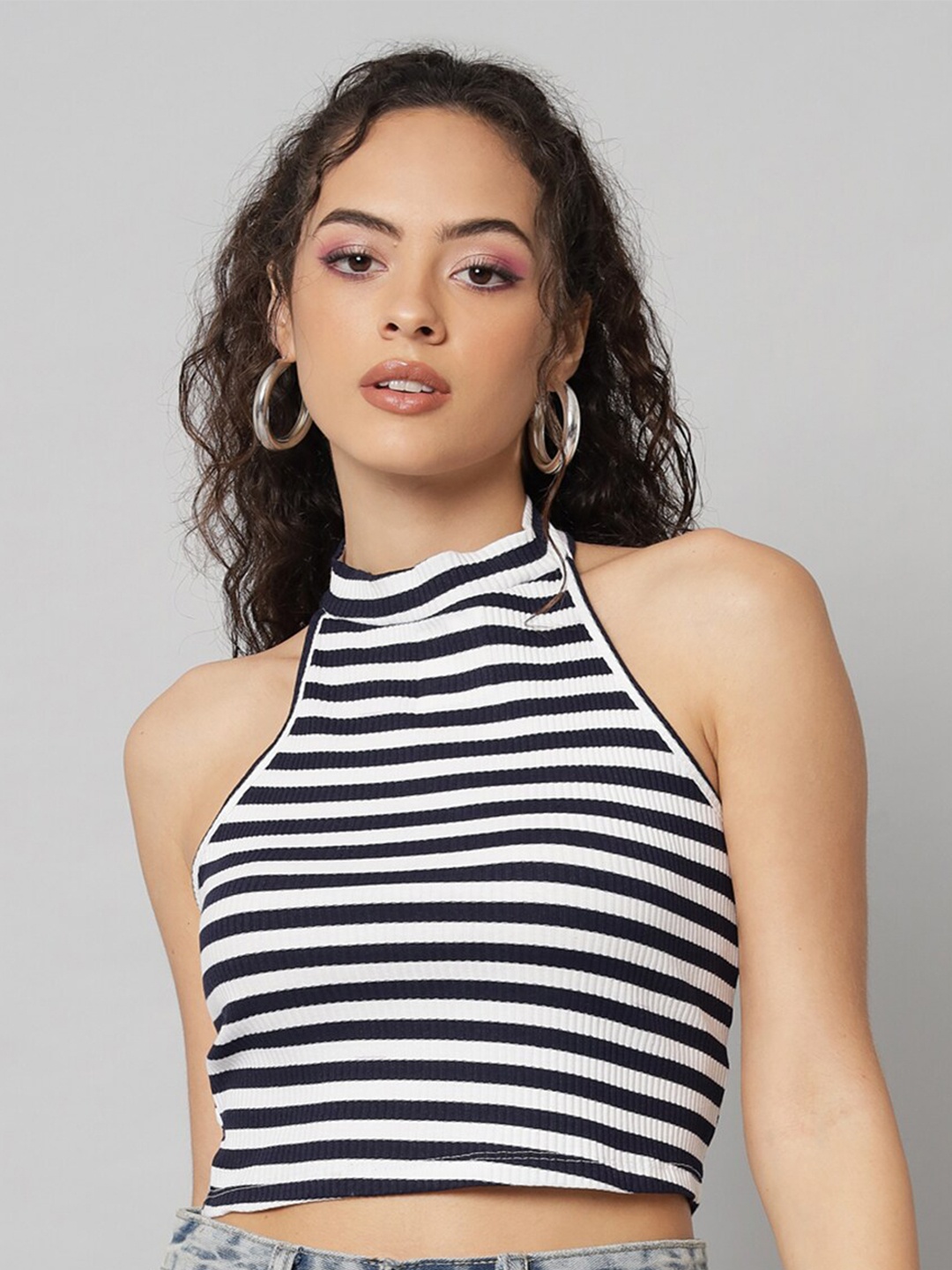

BAESD Striped Halter Neck Fitted Cotton Crop Top, White
