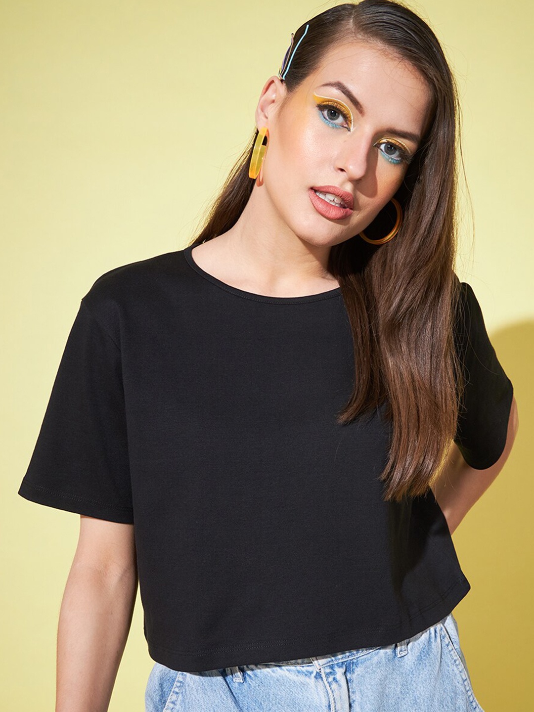 

BAESD Round Neck Cotton Crop Top, Black