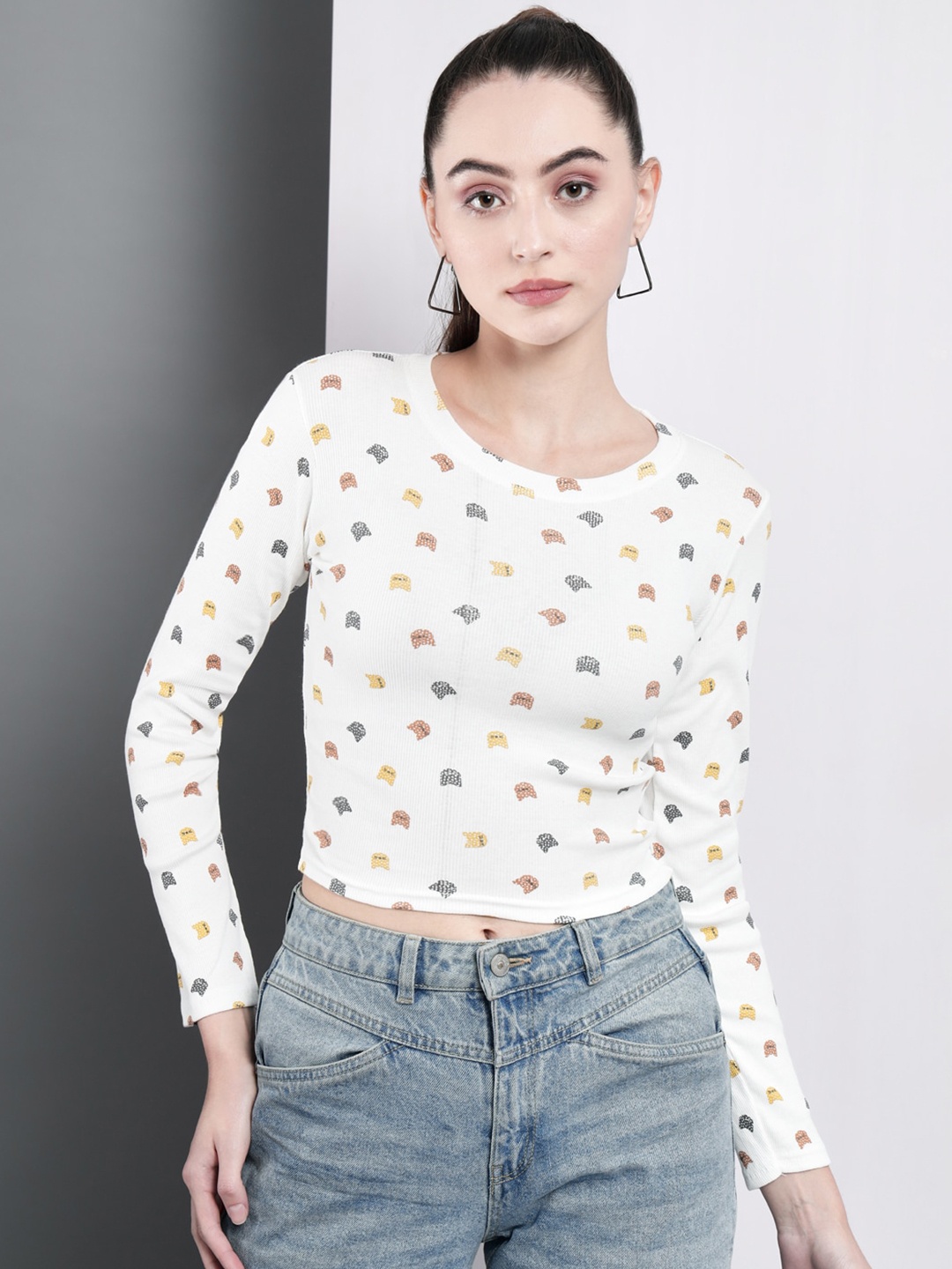 

BAESD Conversational Printed Long Sleeve Cotton Crop Top, White