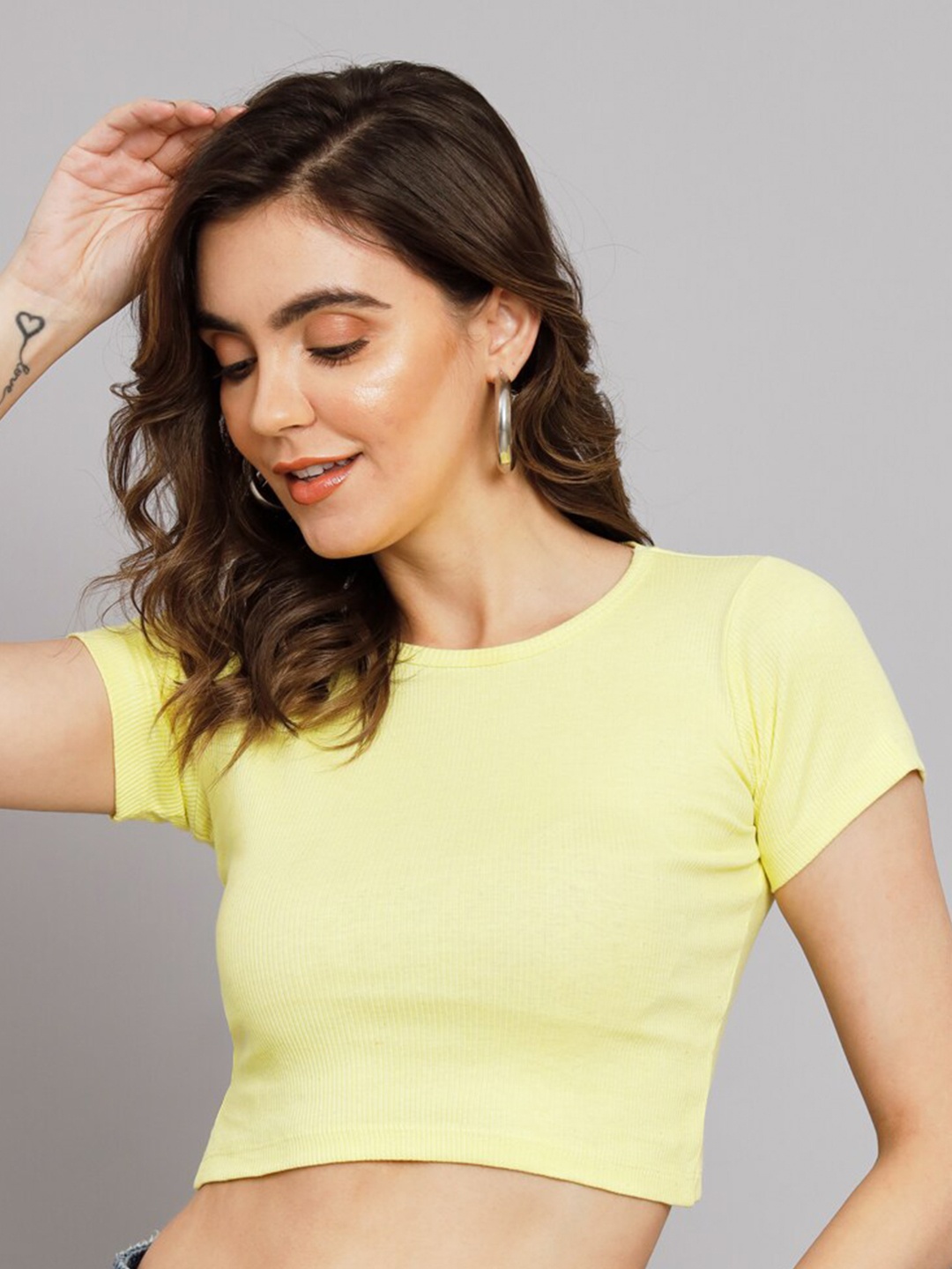 

BAESD Round Neck Cotton Crop Top, Yellow