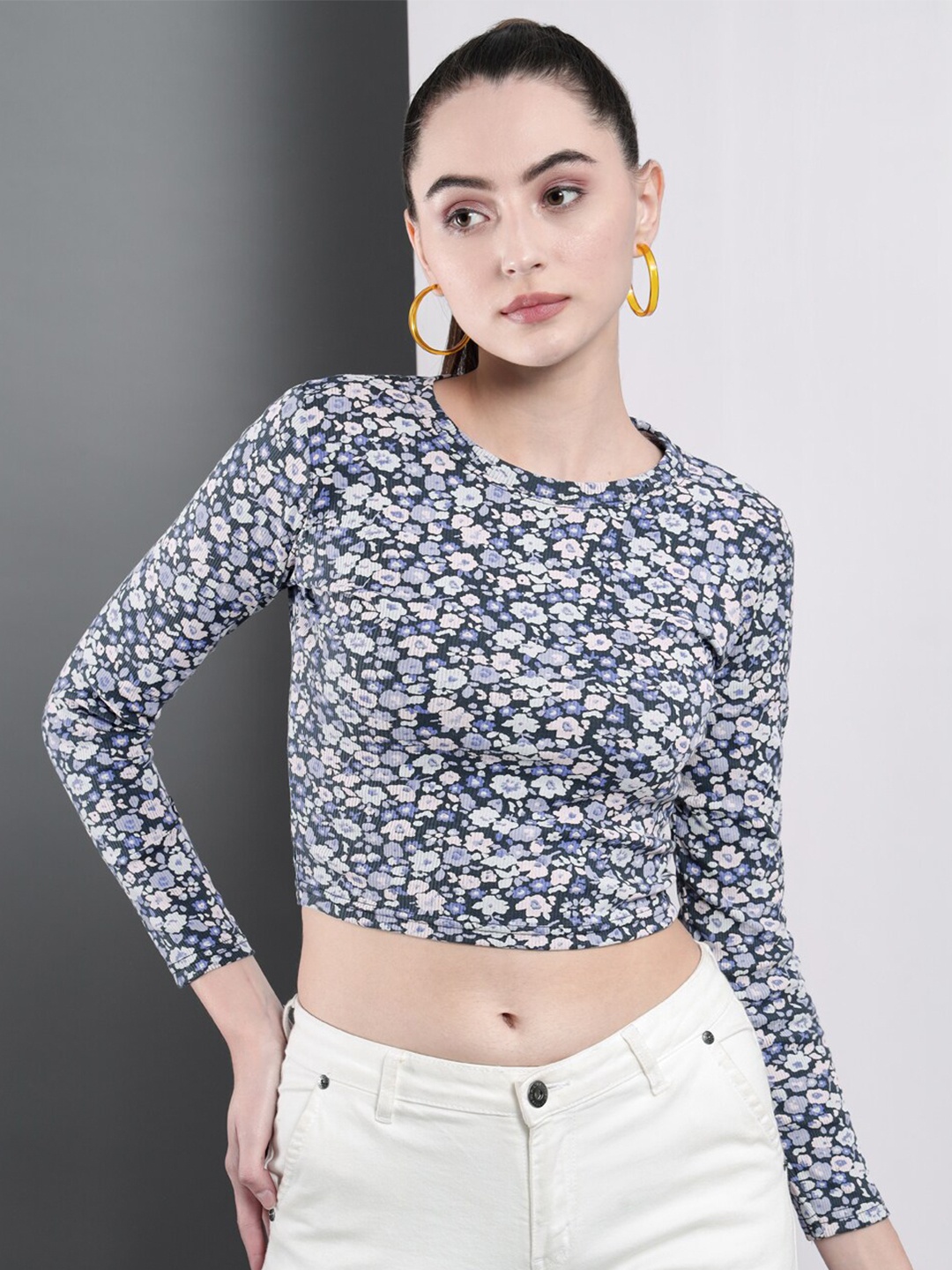 

BAESD Floral Print Cotton Crop Top, Blue