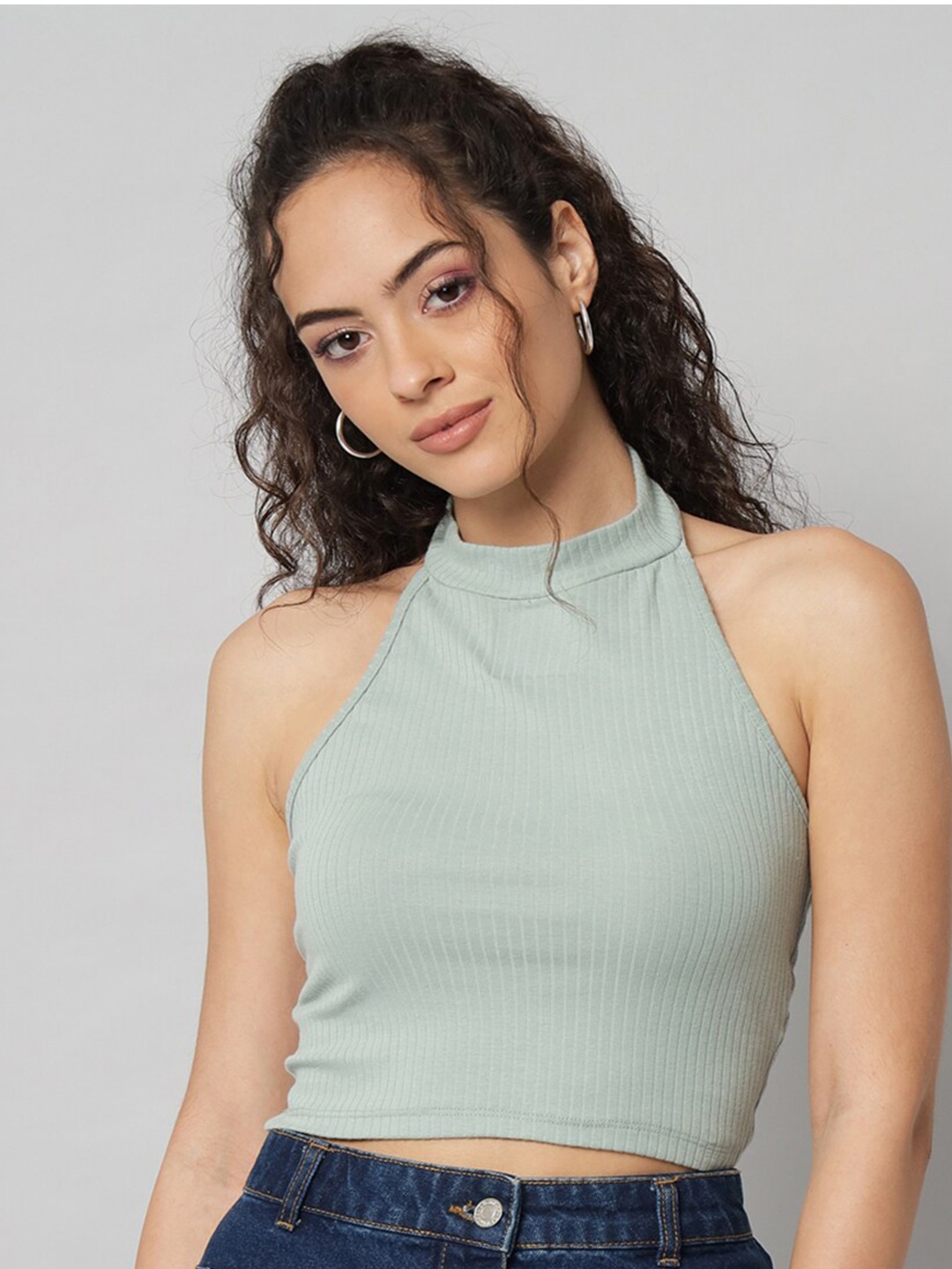 

BAESD Self Design Halter Neck Cotton Fitted Crop Top, Green