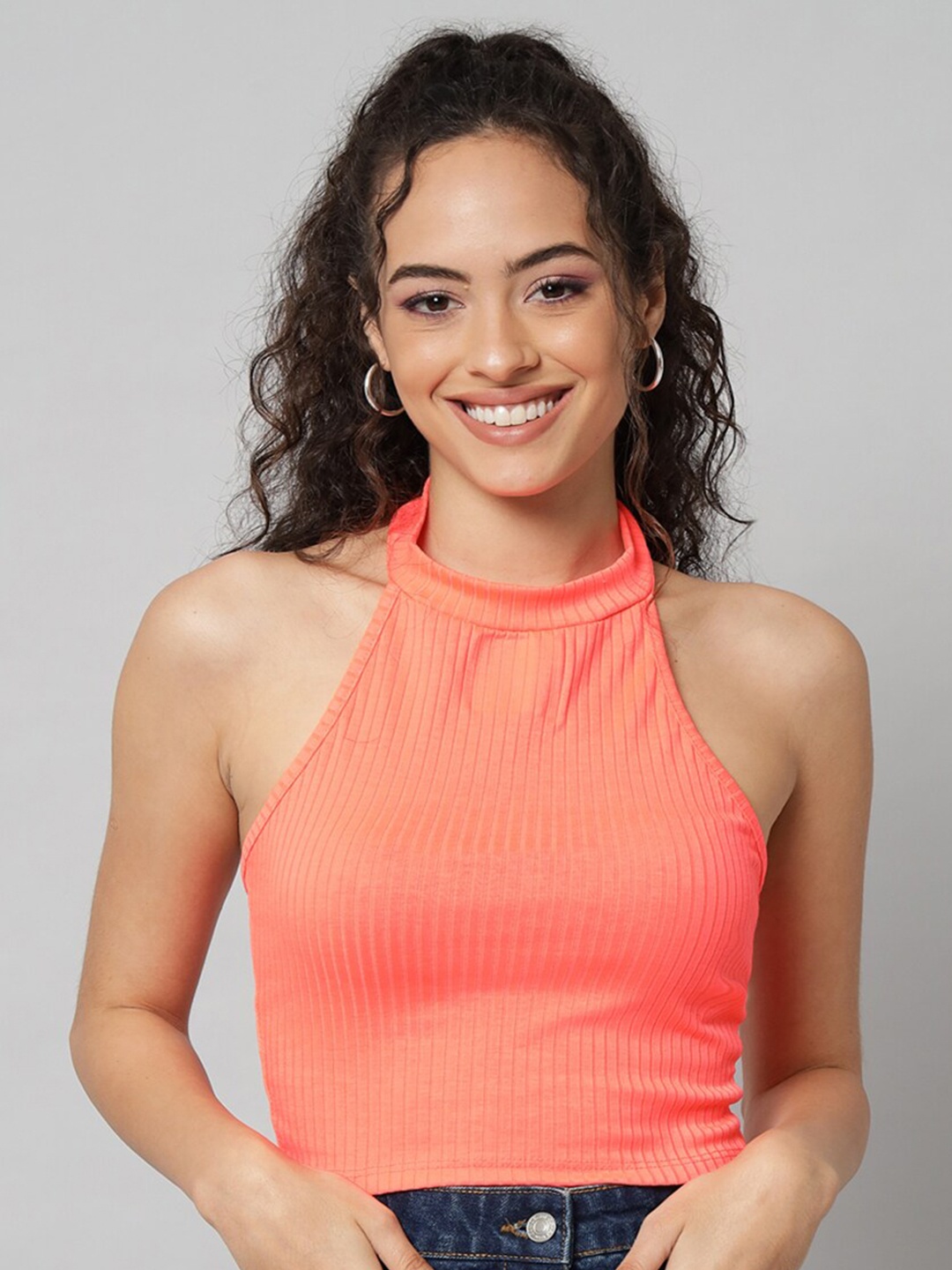 

BAESD Self Design Halter Neck Cotton Fitted Crop Top, Orange