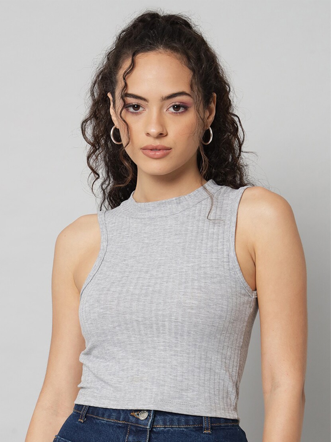 

BAESD Ribbed Fitted Cotton Crop Top, Grey