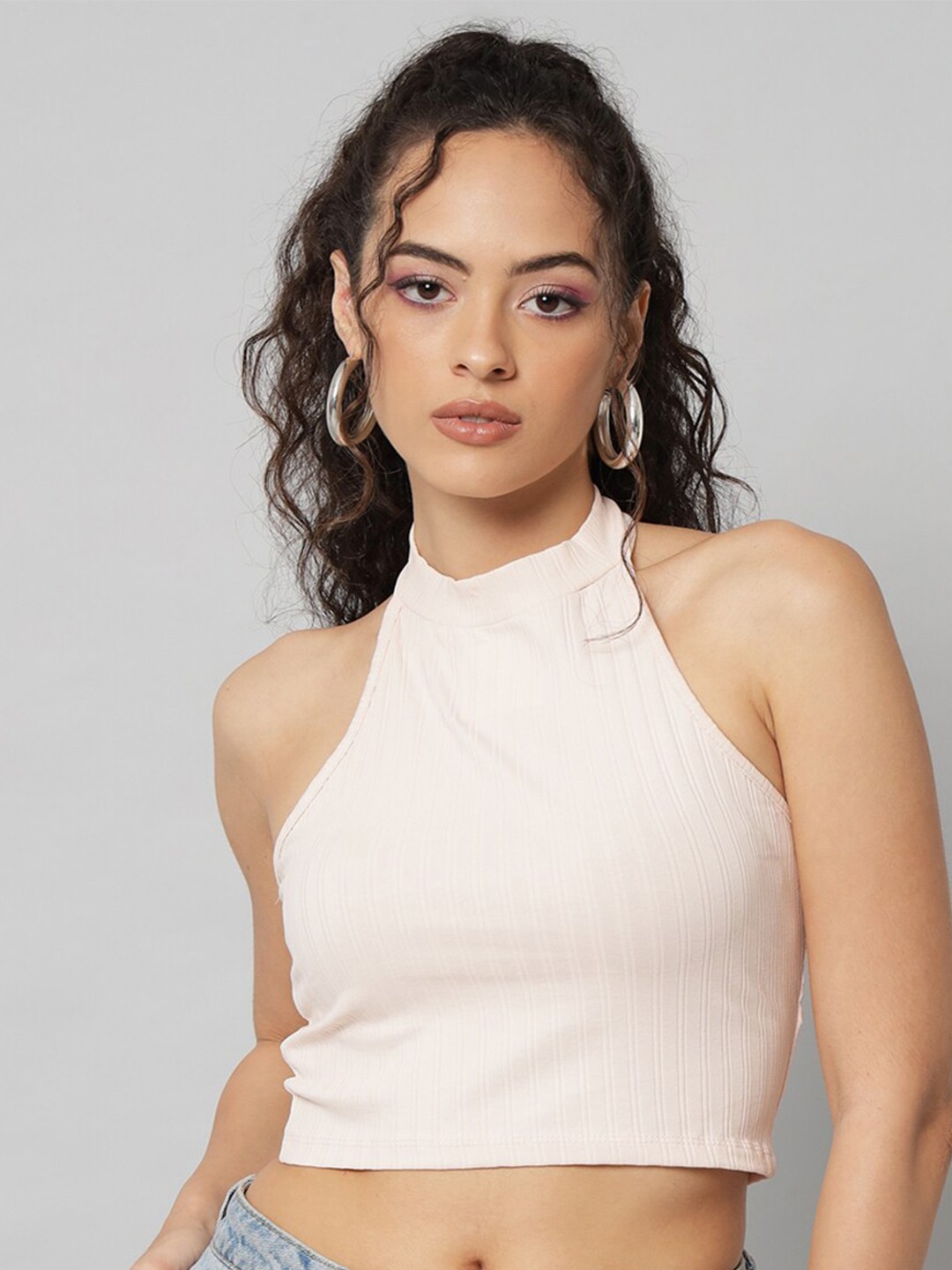 

BAESD Self Design Halter Neck Cotton Fitted Crop Top, Beige