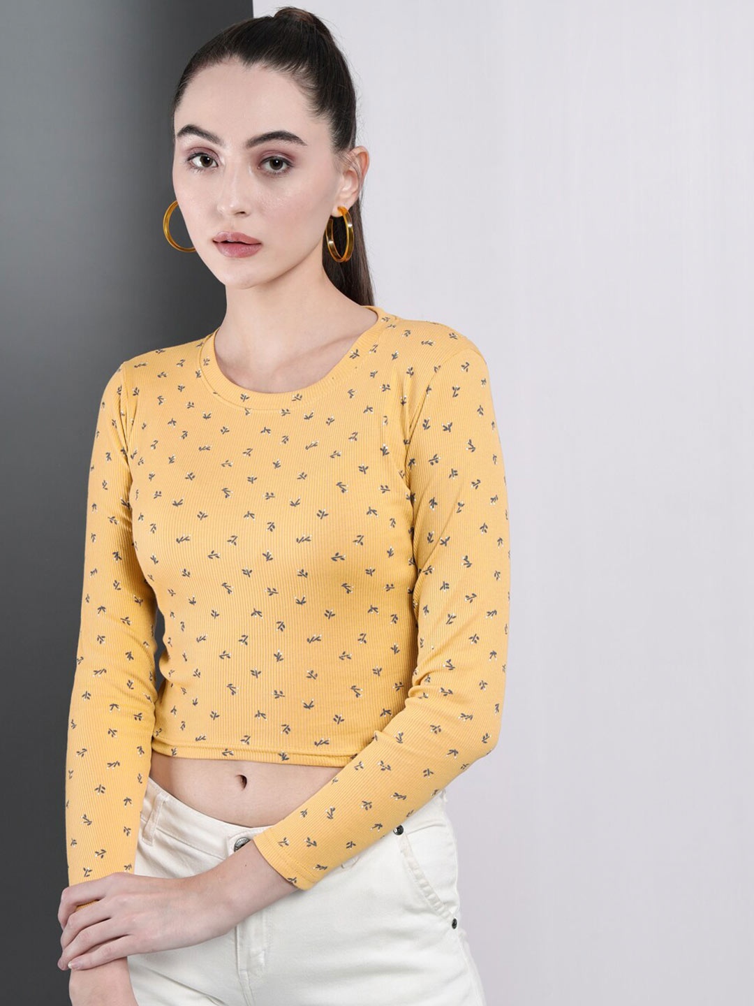 

BAESD Floral Printed Cotton Crop Top, Yellow