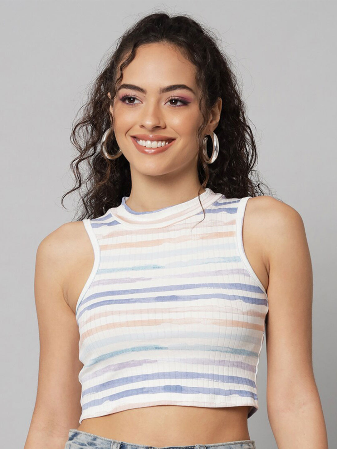

BAESD Striped High Neck Cotton Crop Top, White