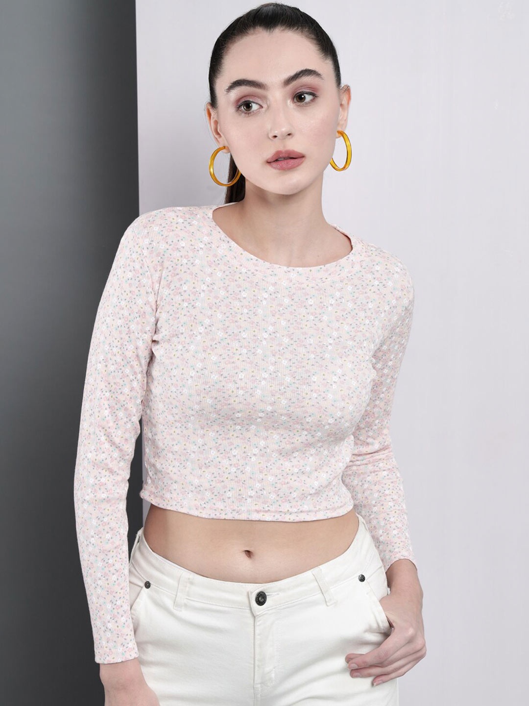 

BAESD Floral Printed Fitted Cotton Crop Top, Pink