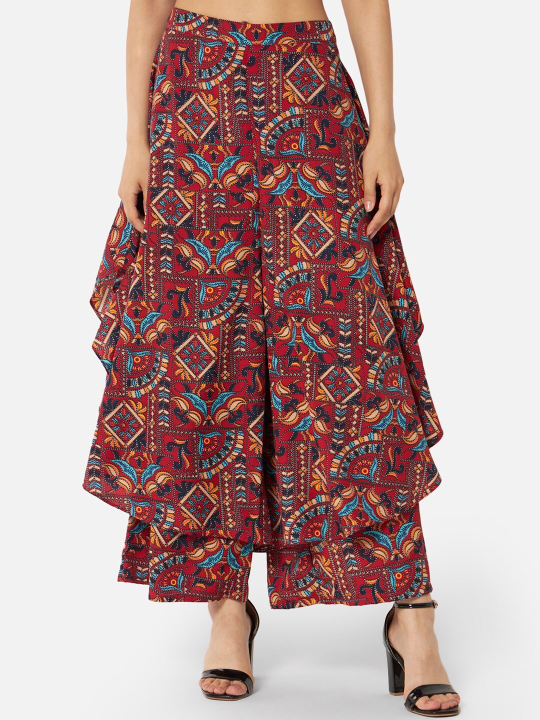 

ALL WAYS YOU Ethnic Motifs Printed Flared Palazzos, Red