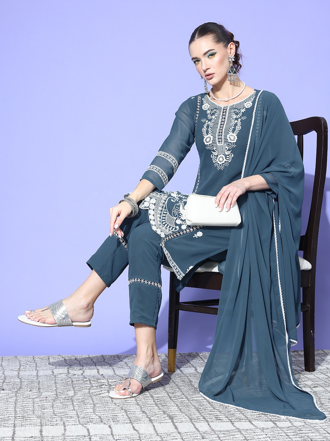 

Kvsfab Women Schiffli Sequined Lace Kurta With Trouser And Dupatta, Teal