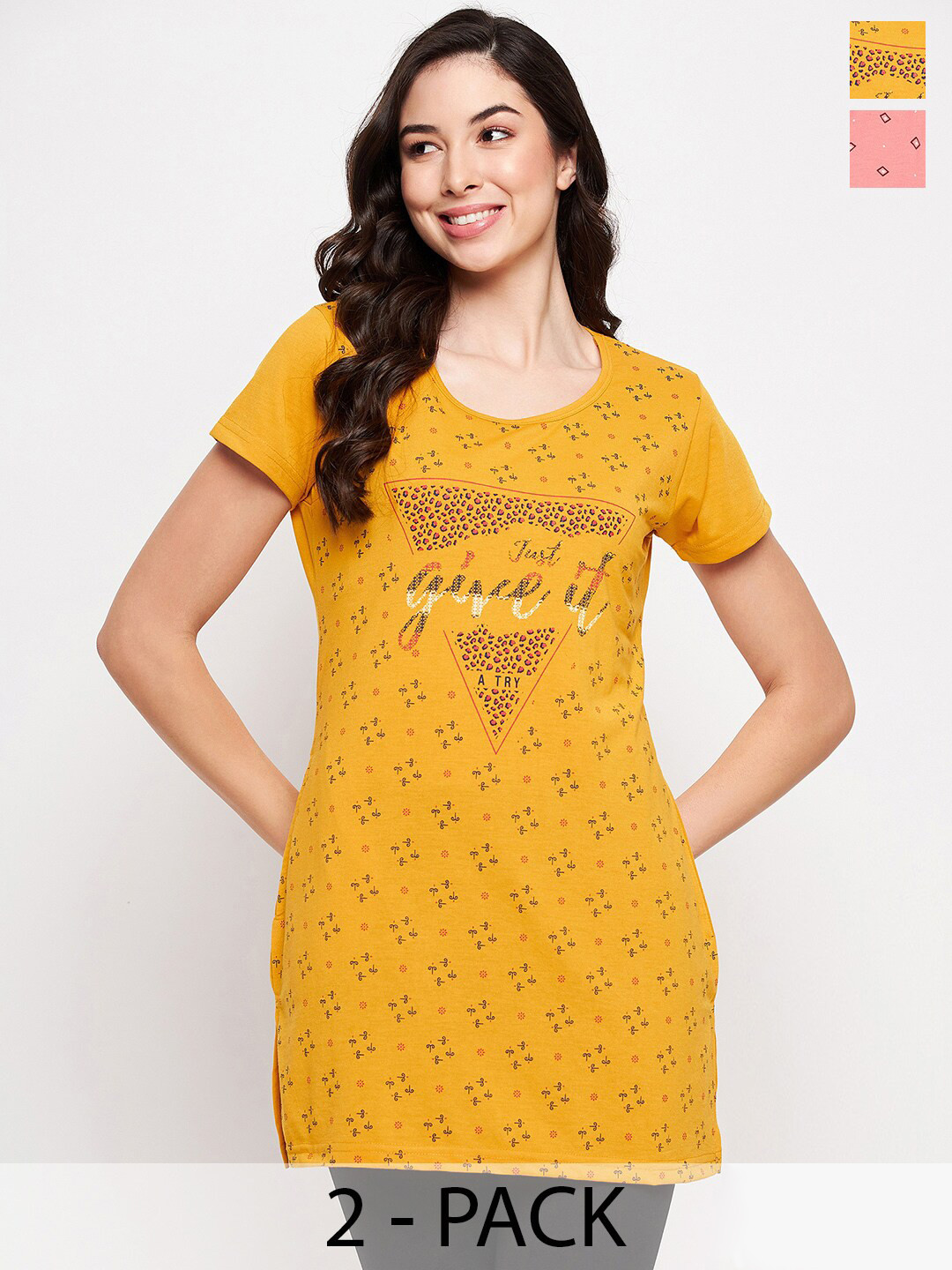 

VERO AMORE Pack of 2 Typography Printed Cotton T-shirts, Mustard