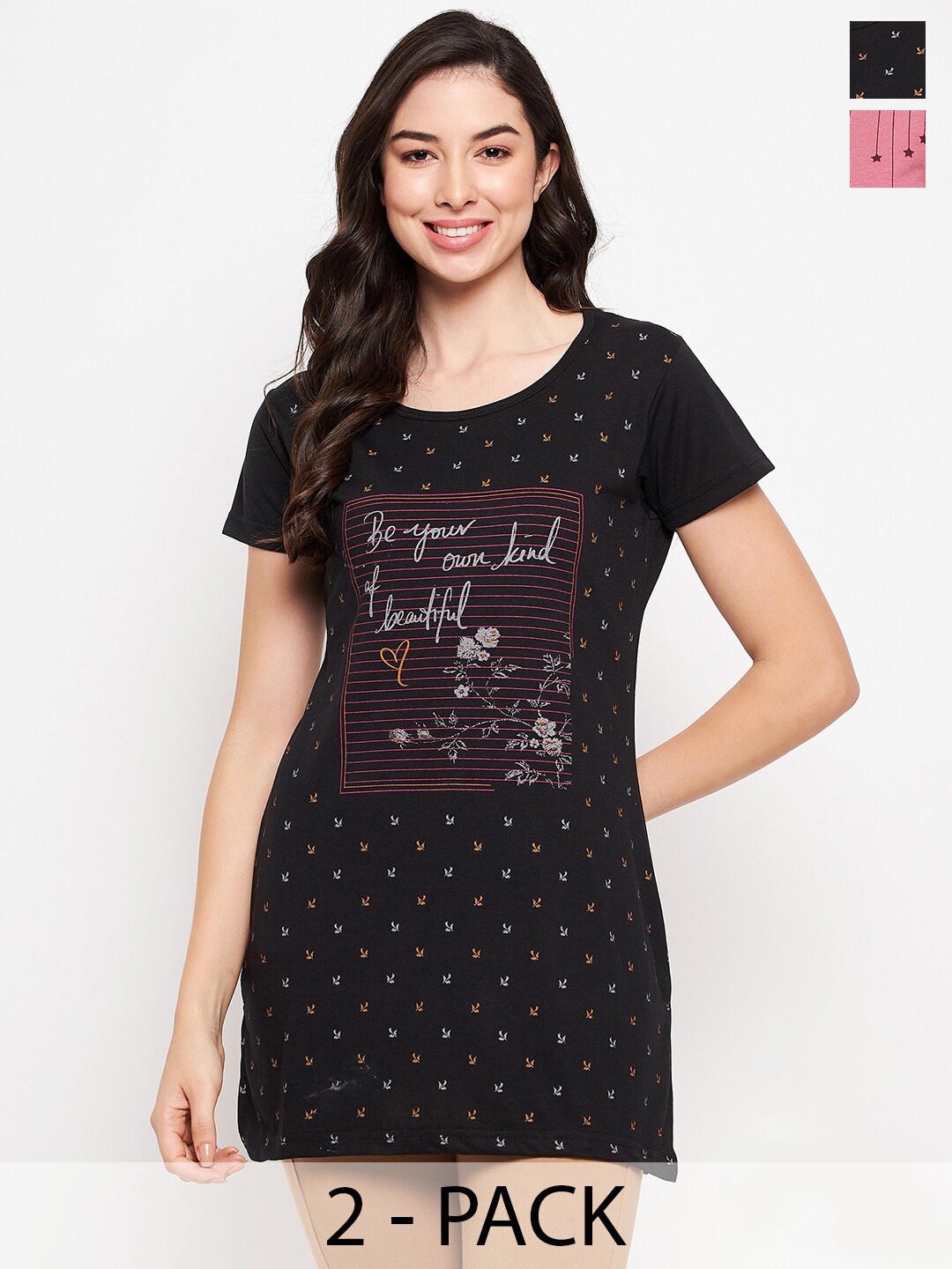 VERO AMORE Pack of 2 Typography Printed Cotton T-shirts, Black