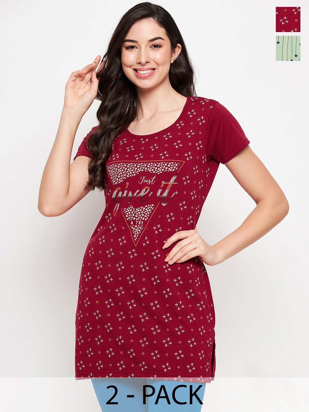

VERO AMORE Pack Of 2 Printed Cotton T-shirt, Maroon