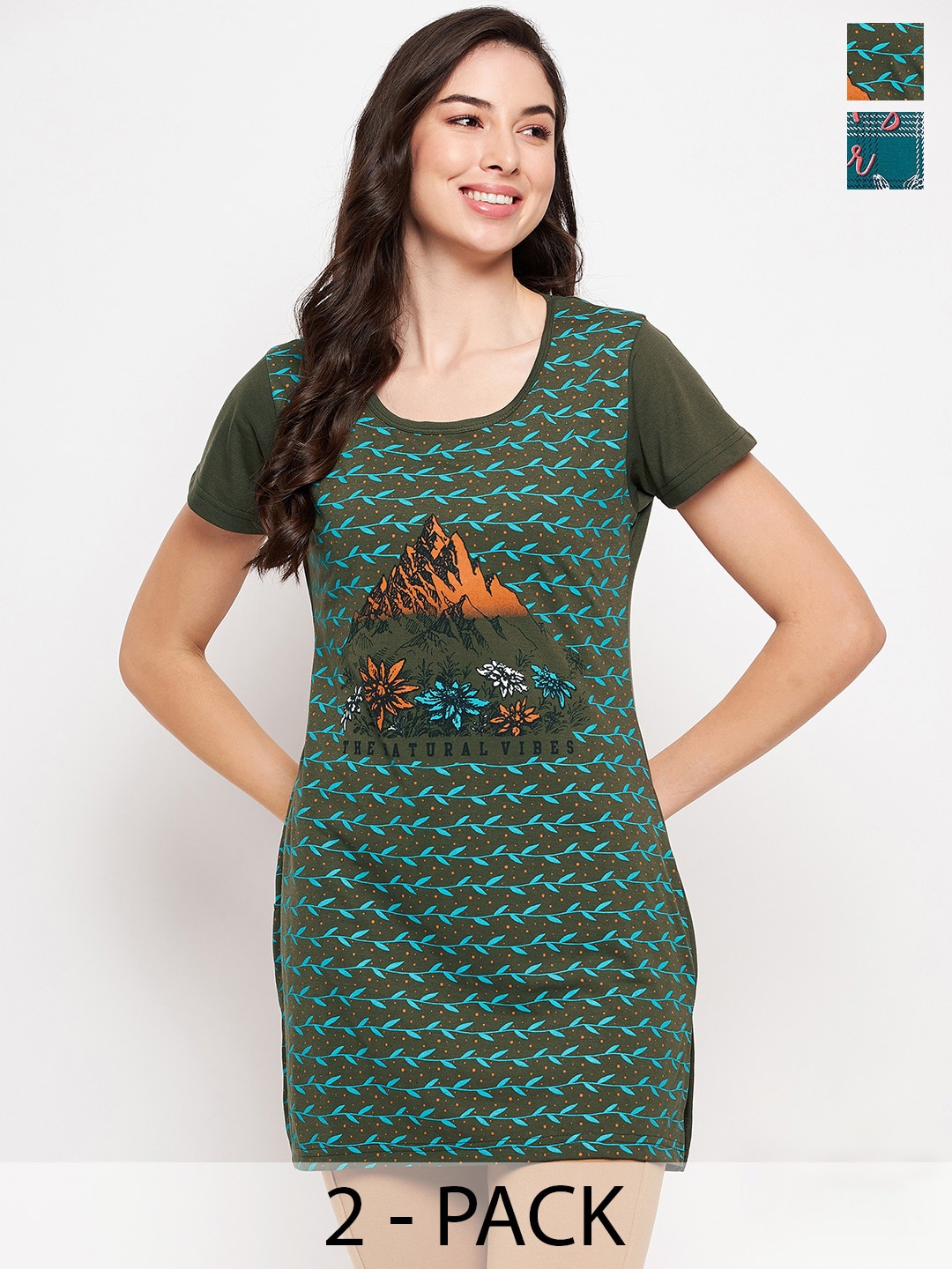 

VERO AMORE Pack Of 2 Printed Cotton T-shirt, Olive