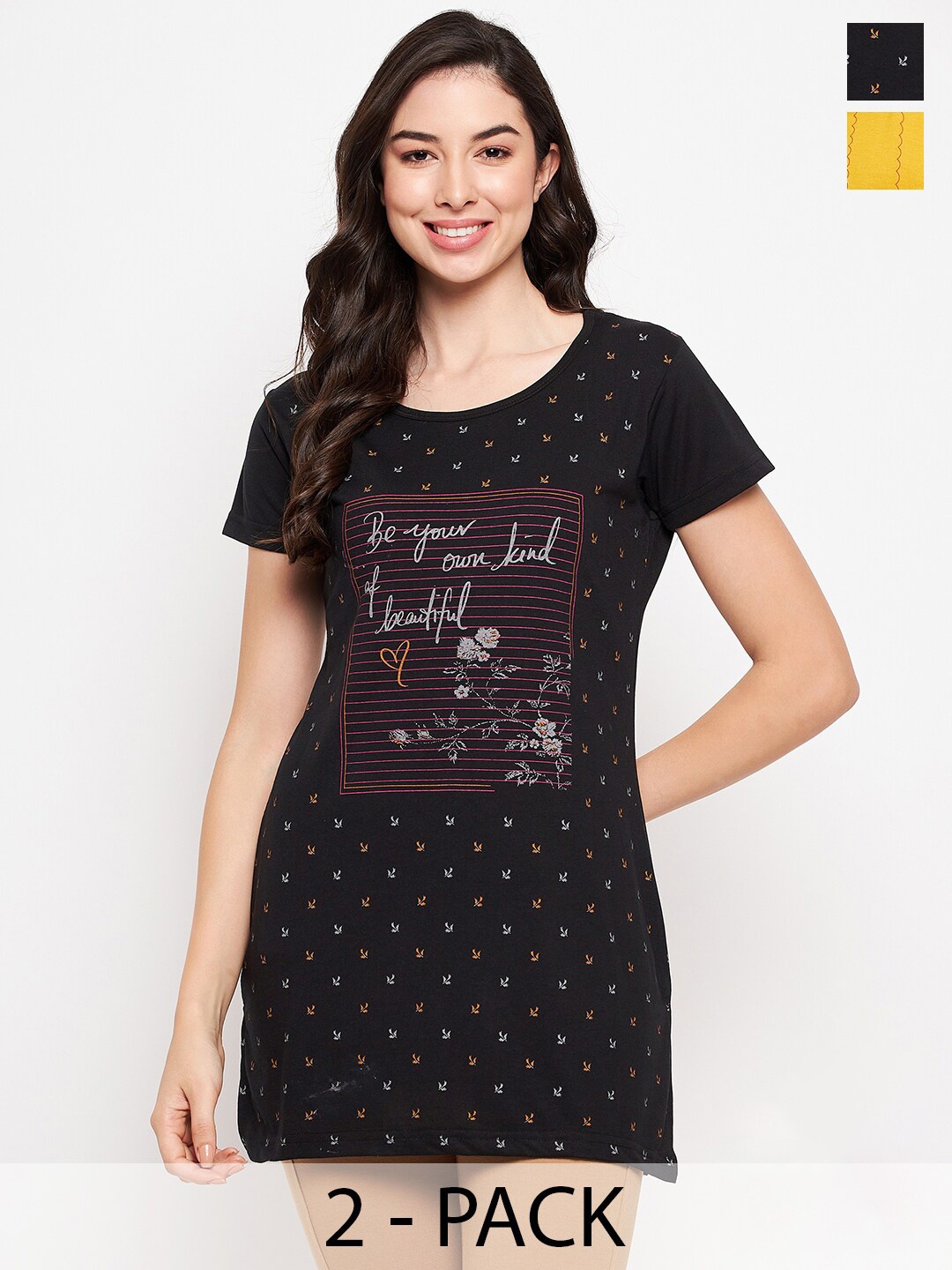 VERO AMORE Pack Of 2 Typography Printed Pure Cotton T-shirt, Yellow