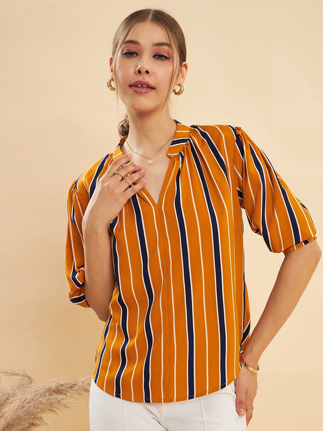 

KASSUALLY Mustard Yellow Striped Mandarin Collar Top