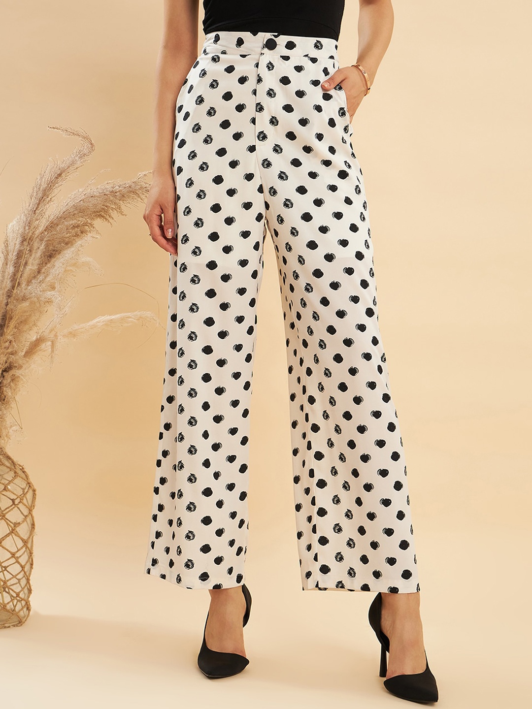 

KASSUALLY Women Black Polka Dot Printed Straight Fit Parallel Trousers, White