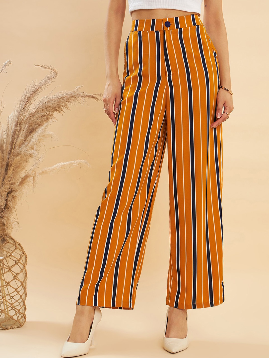 

KASSUALLY Women Striped Straight Fit Parallel Trousers, Orange