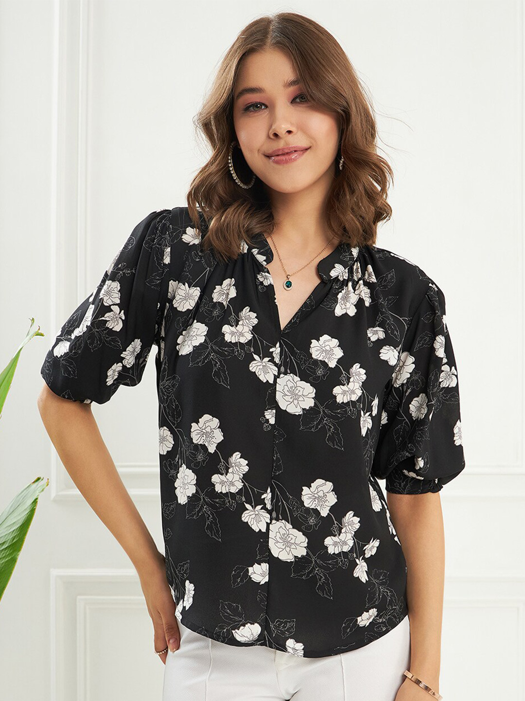 

KASSUALLY Black Floral Printed Mandarin Collar Puff Sleeves Gathered Shirt Style Top
