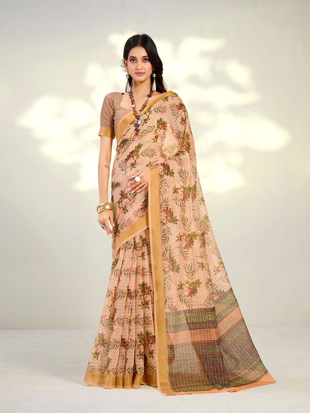 Dori Floral Printed Zari Saree, Beige