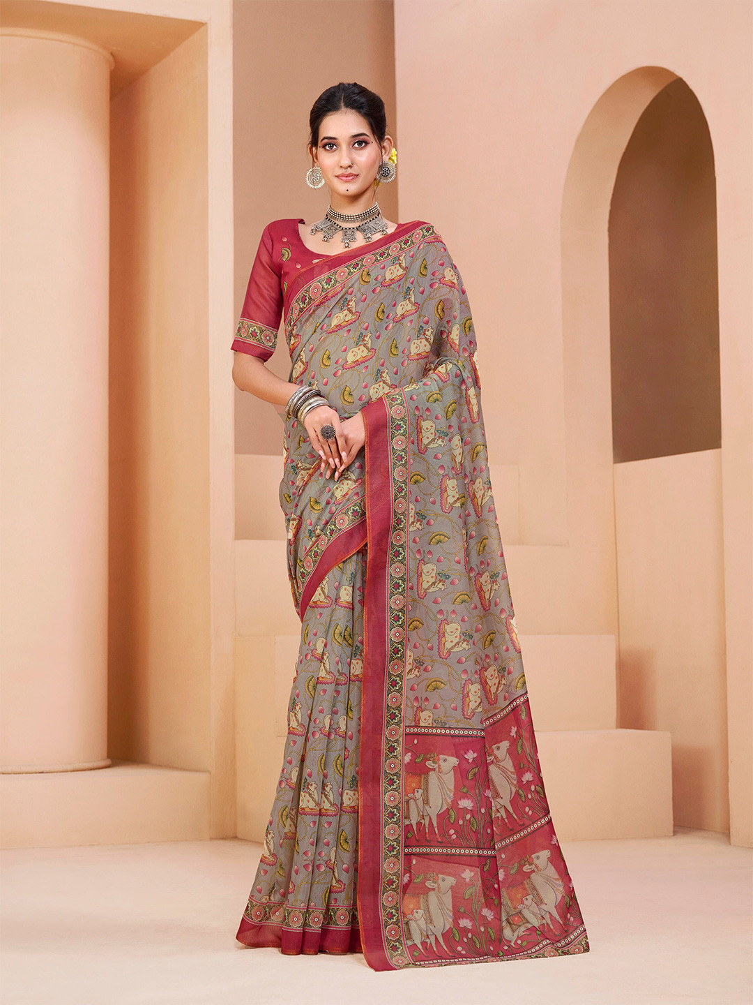 

Dori Ethnic Motifs Printed Chanderi Saree, Grey