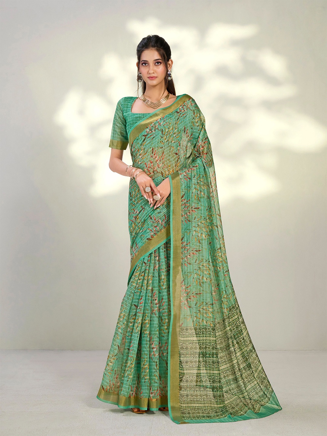 

Dori Floral Printed Zari Saree, Green