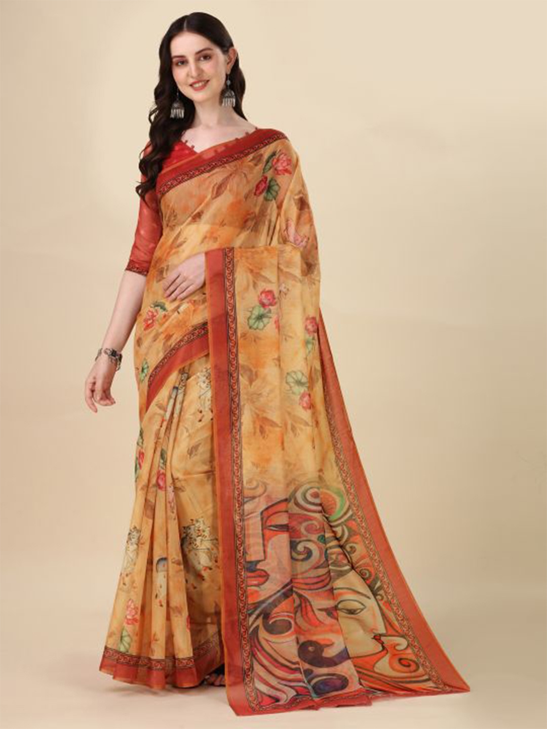 

Dori Floral Printed Chanderi Saree, Mustard