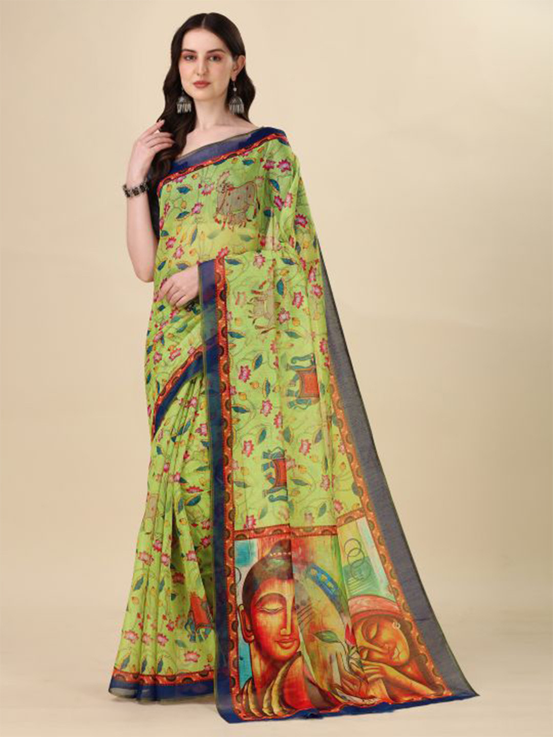 

Dori Floral Printed Chanderi Saree, Green