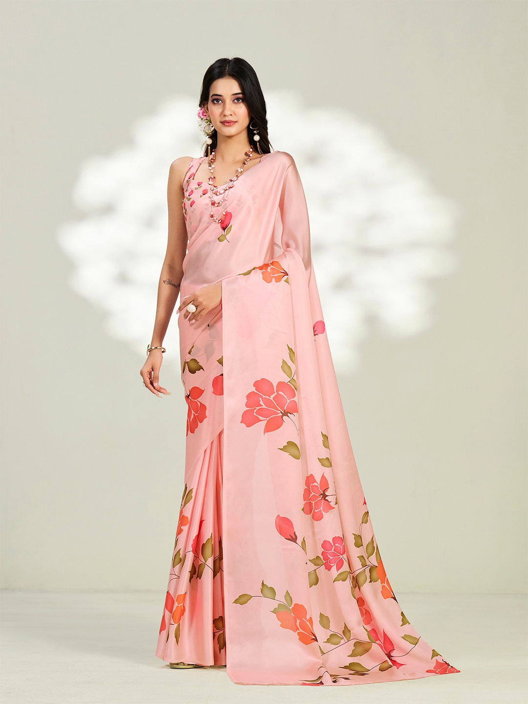 

Dori Floral Printed Pure Crepe Saree, Pink