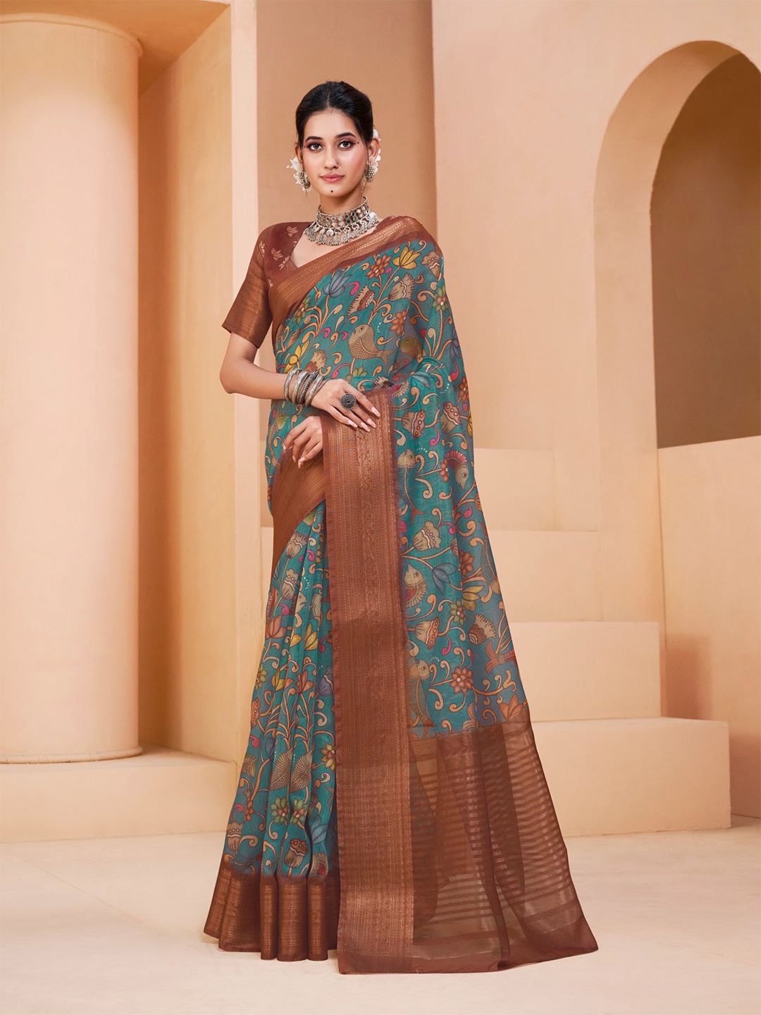 

Dori Kalamkari Printed Zari Detailed Saree, Teal