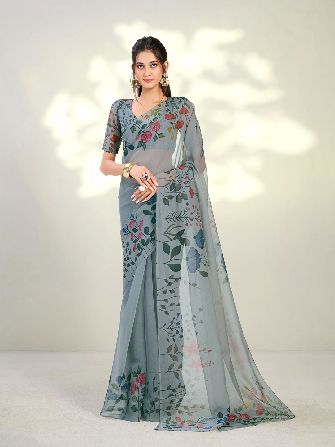 

Dori Floral Printed Organza Saree, Grey
