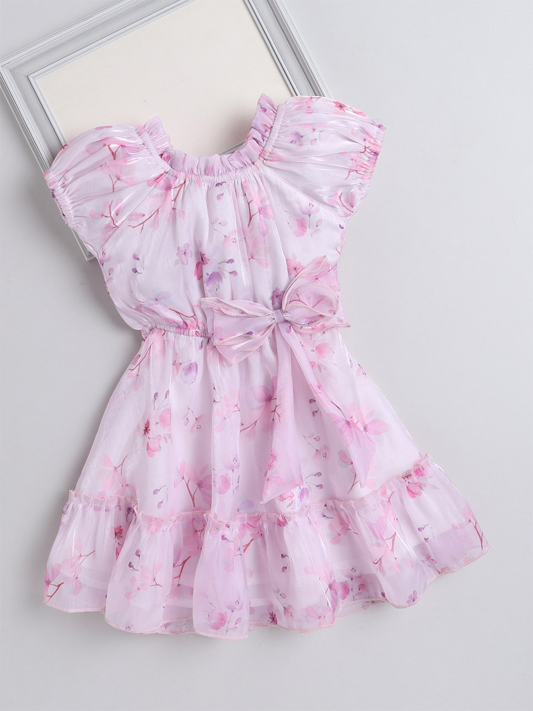 

The Magic Wand Girls Floral Printed Gathered & Pleated Corsage Fit & Flare Dress, Purple