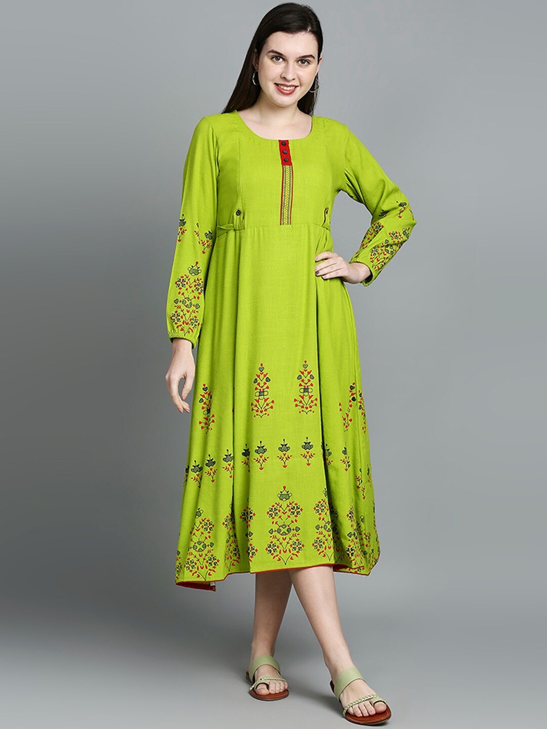 

True Shape Floral Printed Maternity Anarkali Kurta, Green