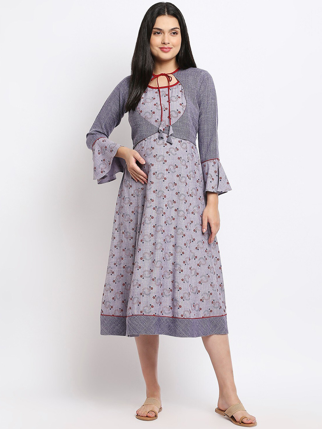 

True Shape Floral Printed Bell Sleeves Tie Up Neck Maternity A-Line Dress, Grey melange