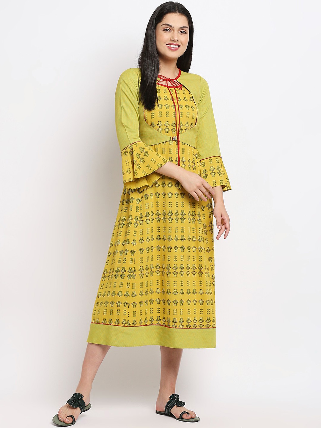 

True Shape Ethnic Printed Bell Sleeves Tie Up Neck Maternity A-Line Dress, Lime green
