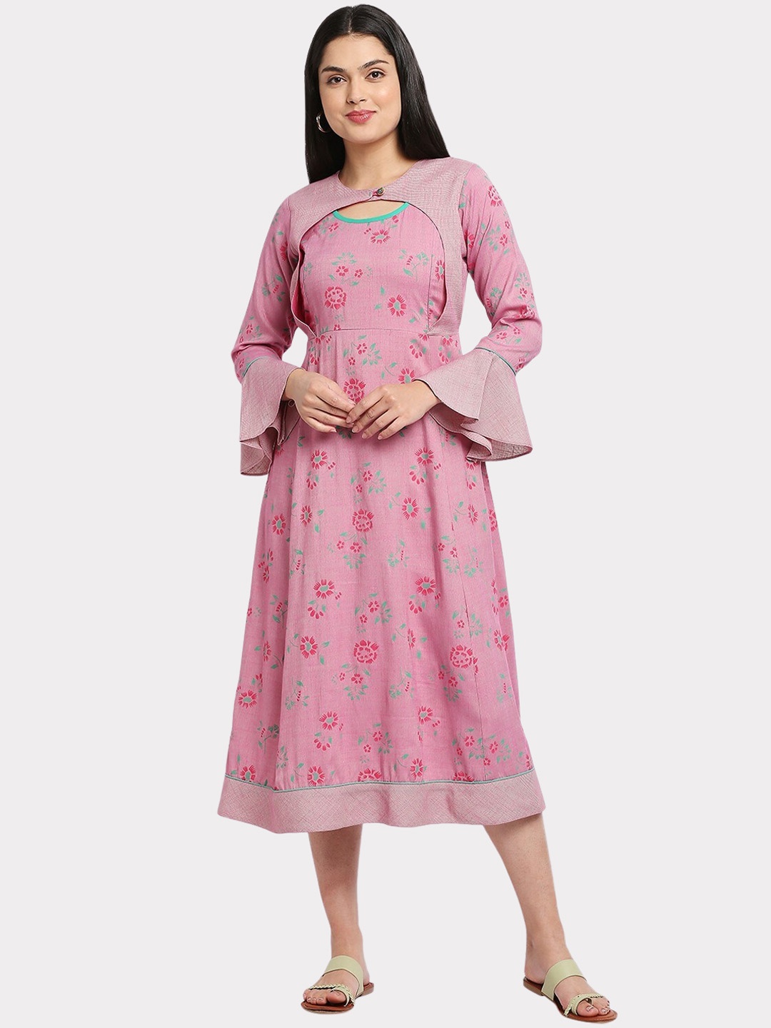 

True Shape Floral Printed Bell Sleeves Maternity A-Line Dress, Pink