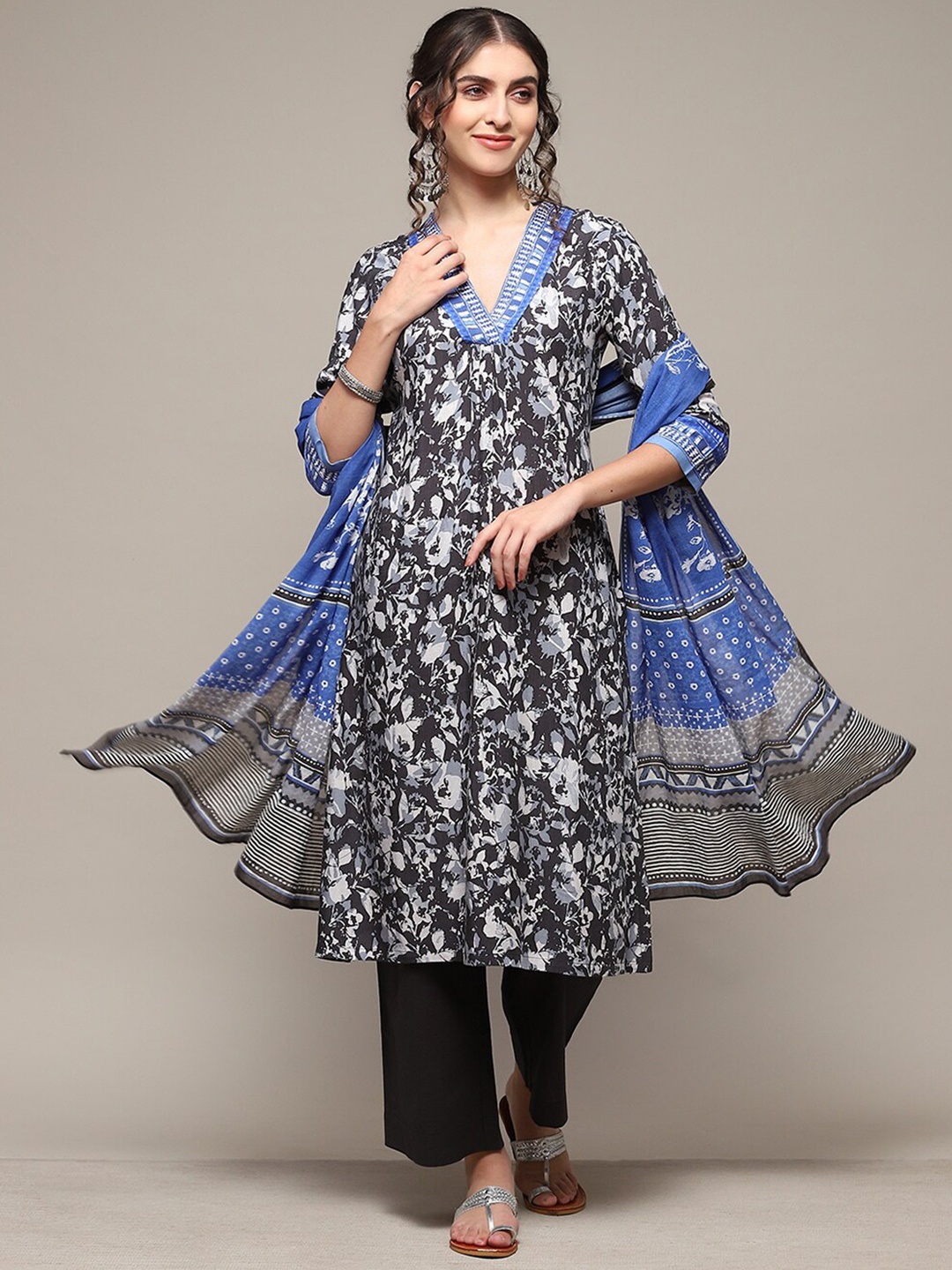 

Biba Floral Printed A-Line Kurta with Palazzos & Dupatta, Charcoal