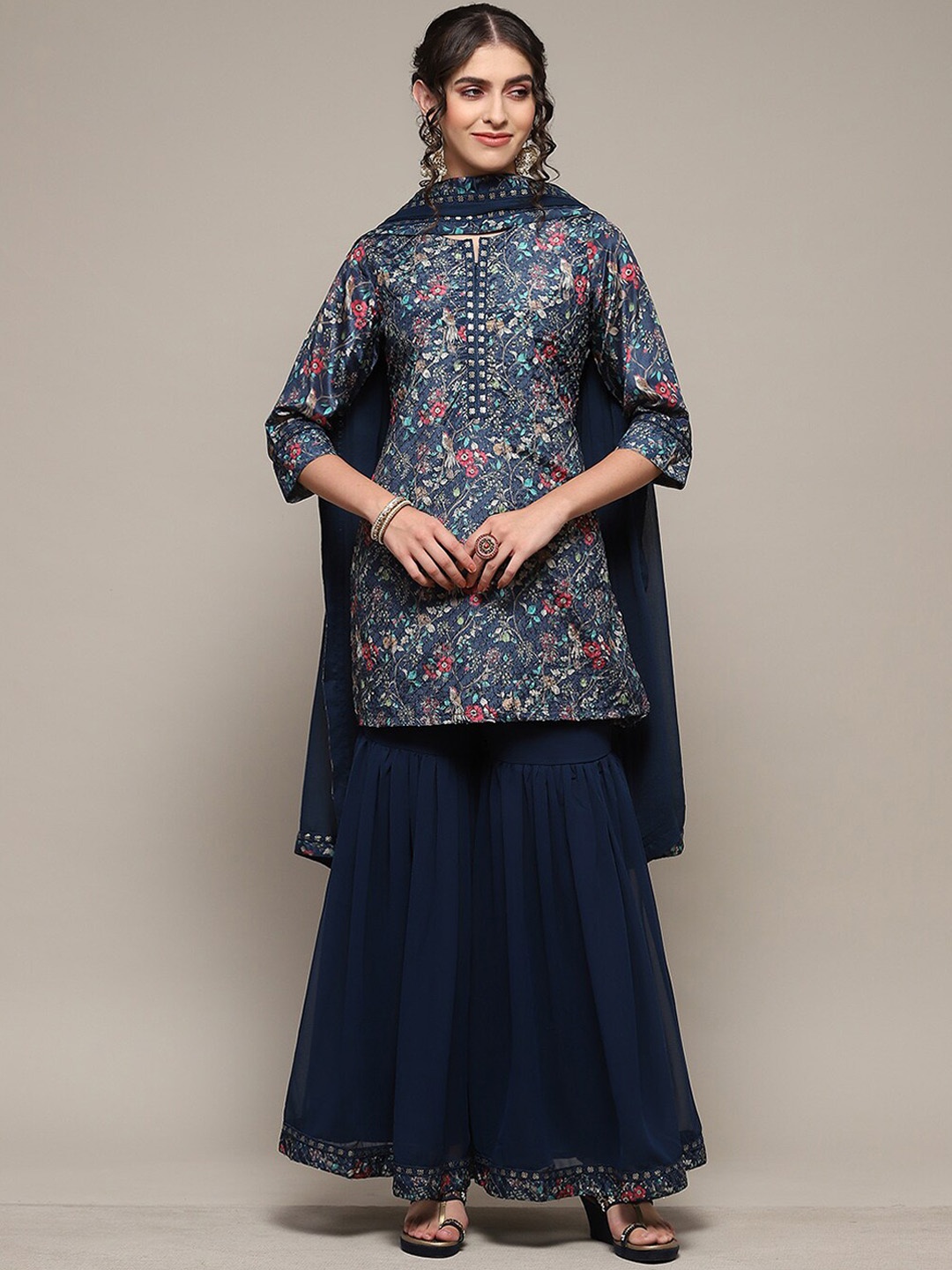 

Biba Floral Printed Sequinned Kurta with Sharara & With Dupatta, Navy blue