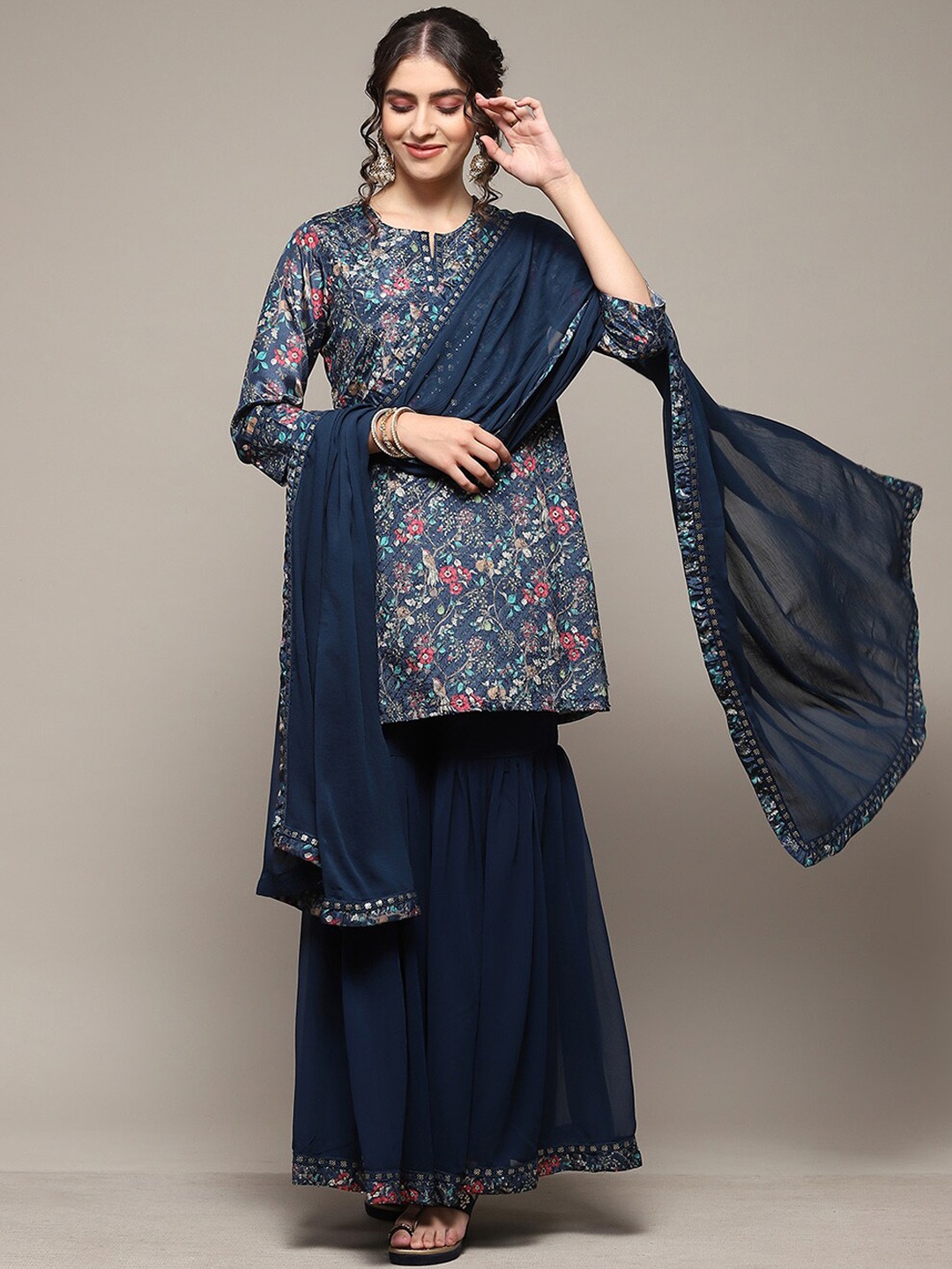 

Biba Floral Printed Round Neck Sequinned Regular Kurta & Sharara With Dupatta, Teal