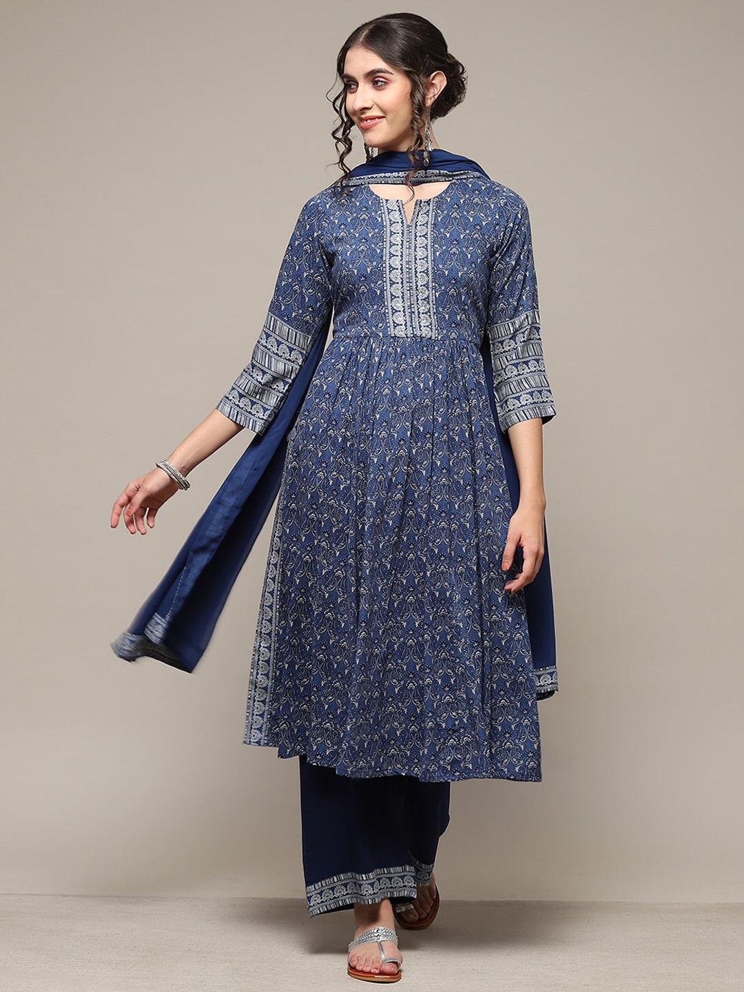 

Biba Ethnic Motifs Printed Round neck Sequinned Kurta with Palazzos & With Dupatta, Blue