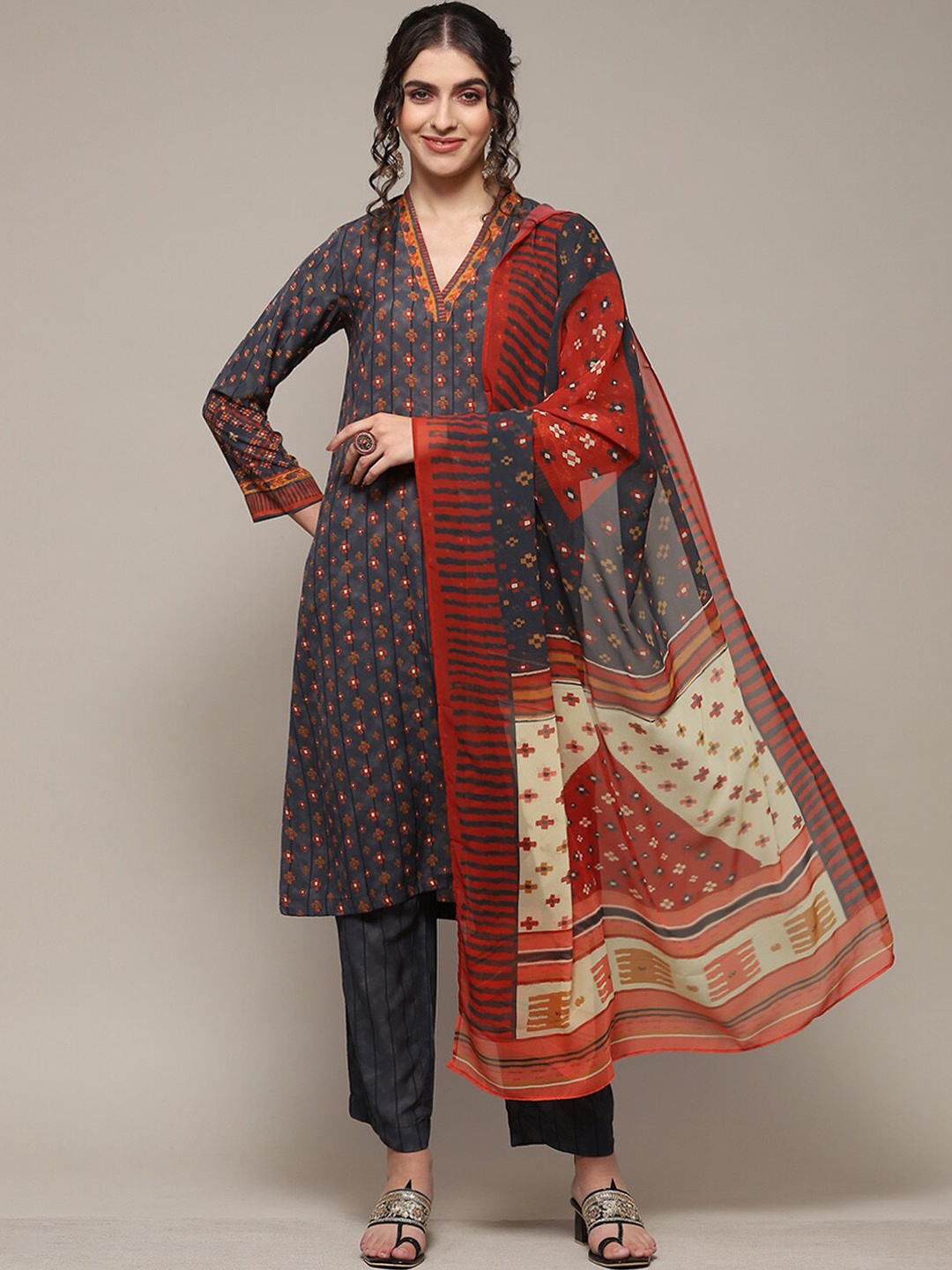 

Biba Ethnic Motifs Printed V Neck Regular Kurta with Trousers & With Dupatta, Charcoal