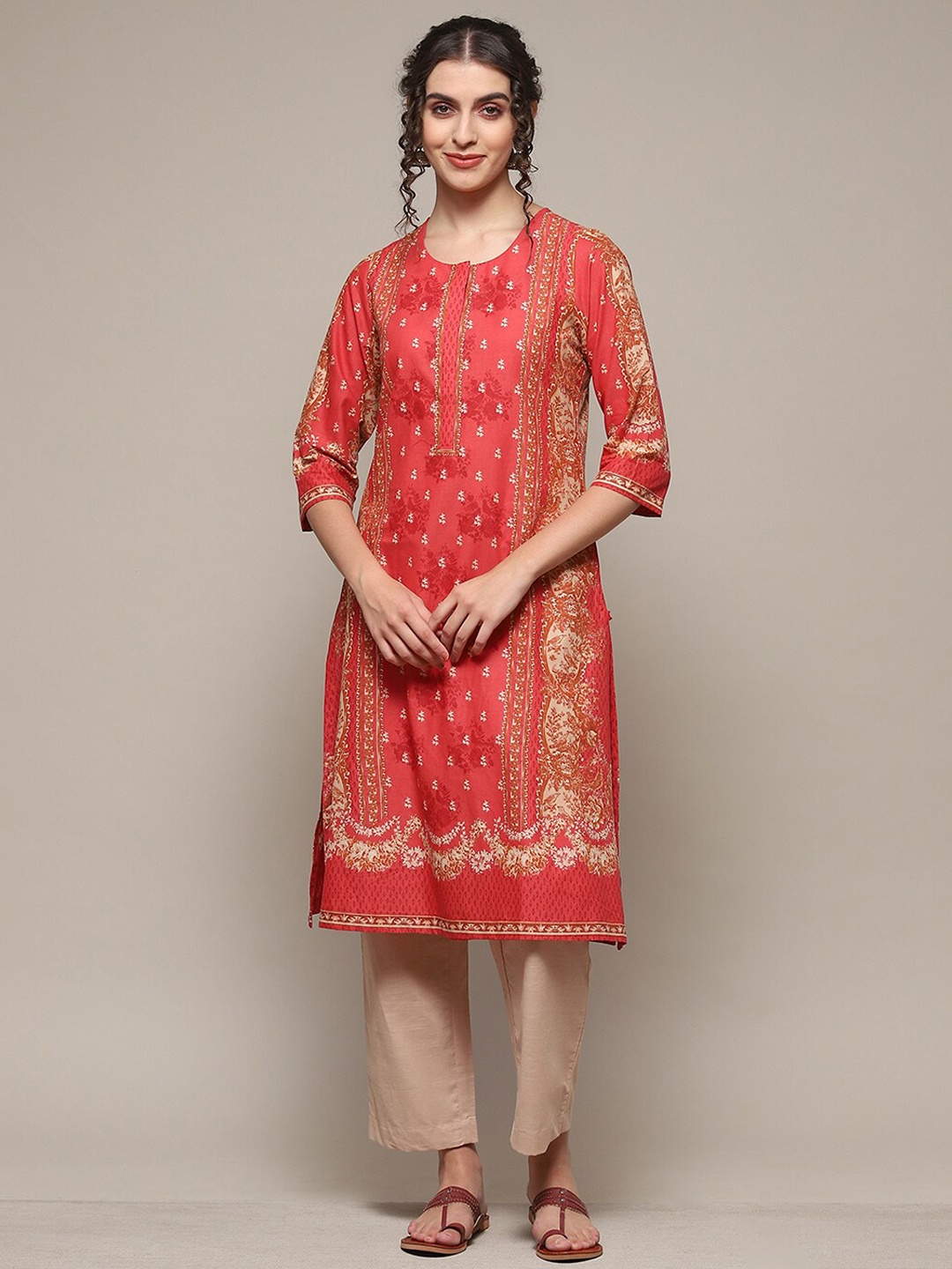 

Biba Ethnic Motif Printed Round neck Pure Cotton Kurta & Palazzos, Coral