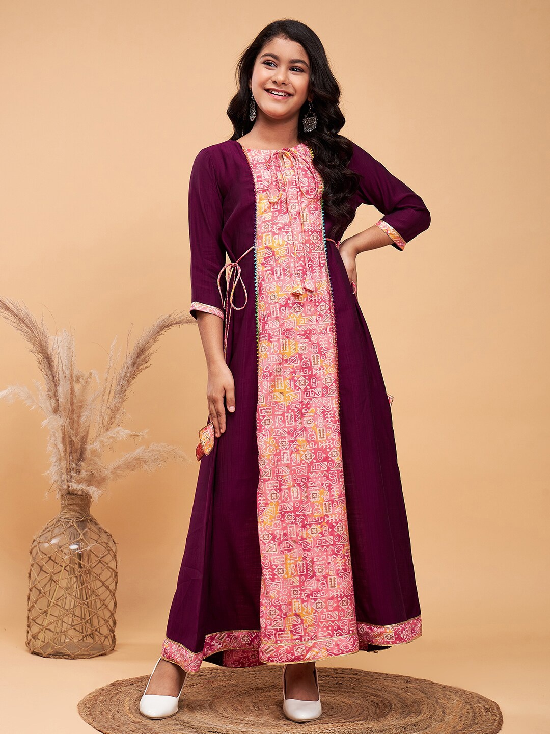 

Stylo Bug Tribal Motifs Printed Tie-Up Neck Tie-Ups Detail Maxi Dress, Purple