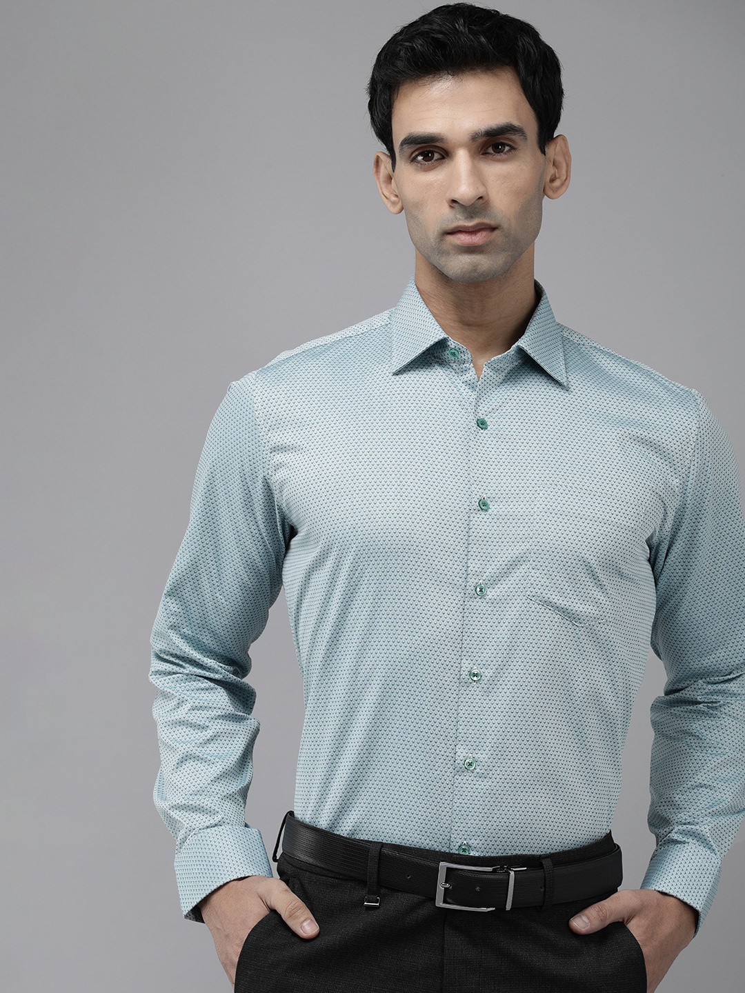 

Van Heusen Pure Cotton Self Design Textured Slim Fit Formal Shirt, Teal