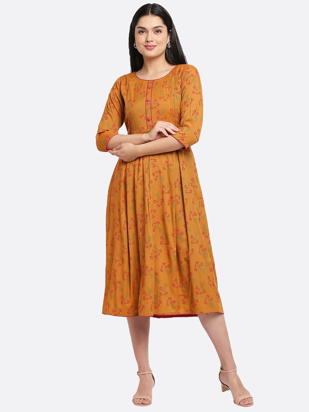 

True Shape Floral Printed Maternity Ethnic Dress, Mustard