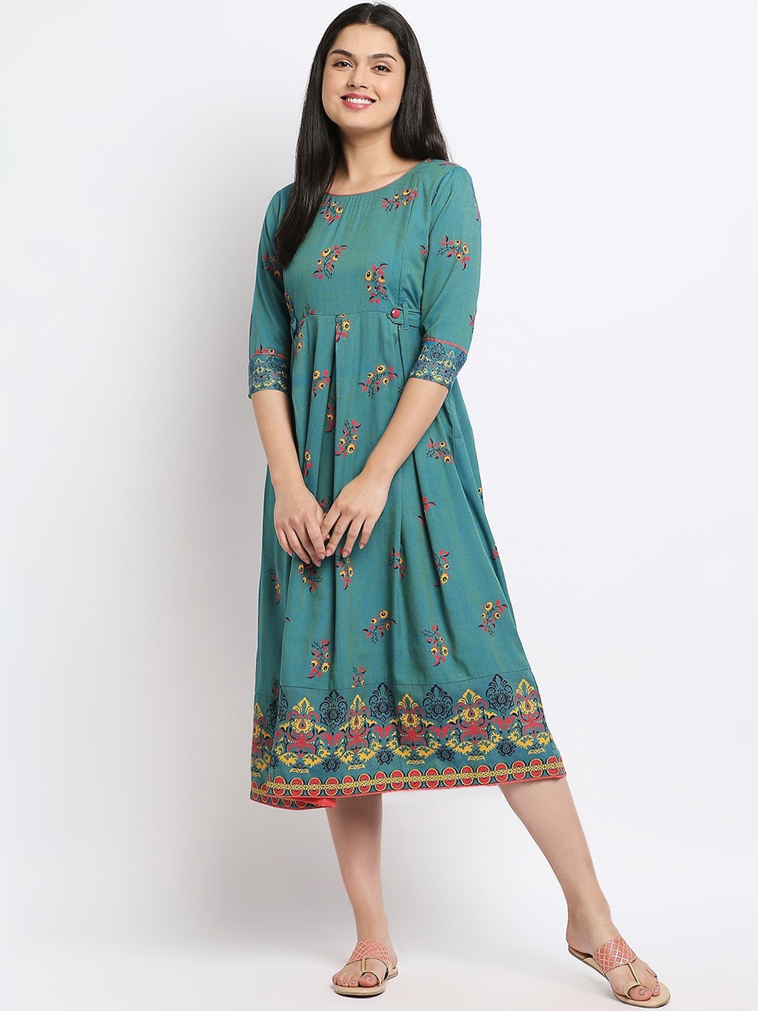 

True Shape Floral Printed Maternity Ethnic Dress, Teal