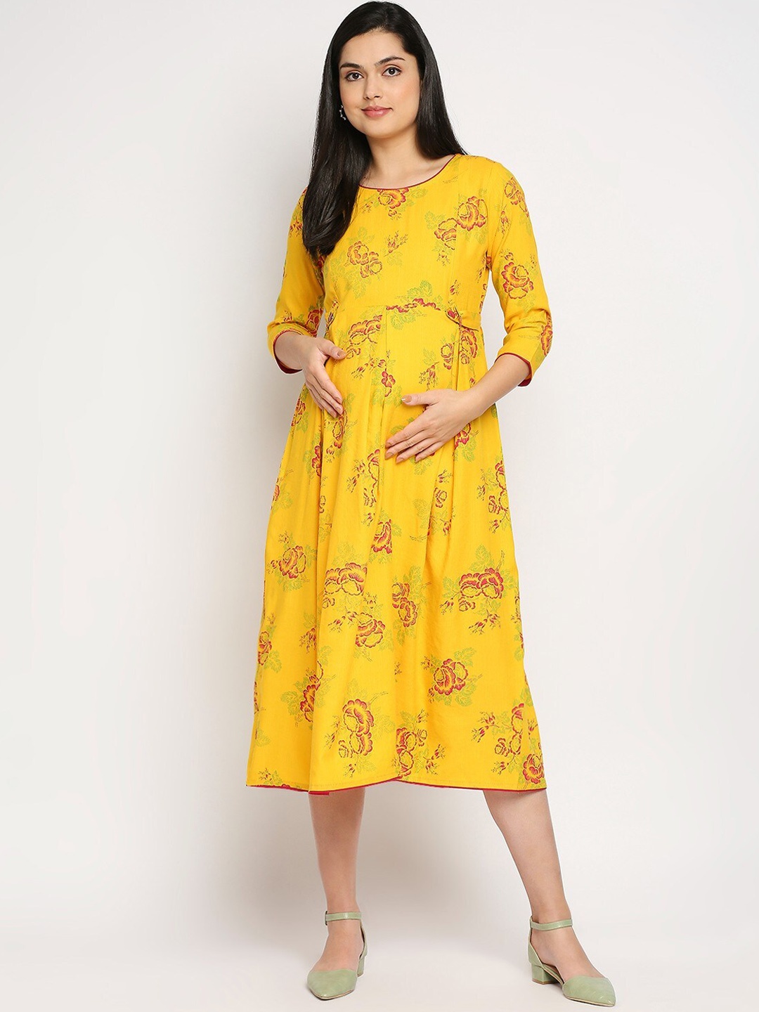 

True Shape Floral Printed Maternity Ethnic Dress, Yellow