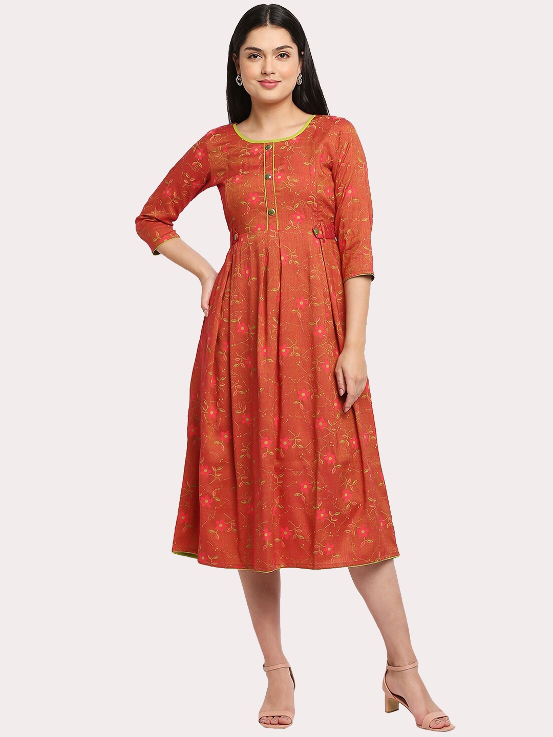 

True Shape Floral Printed Maternity Ethnic Dress, Rust