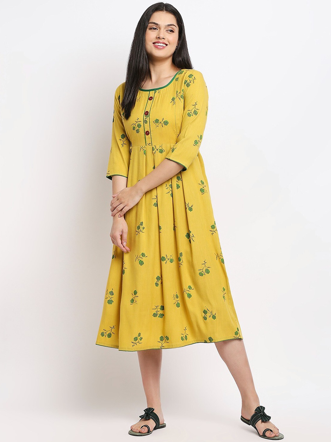 

True Shape Floral Printed Maternity Ethnic Dress, Yellow