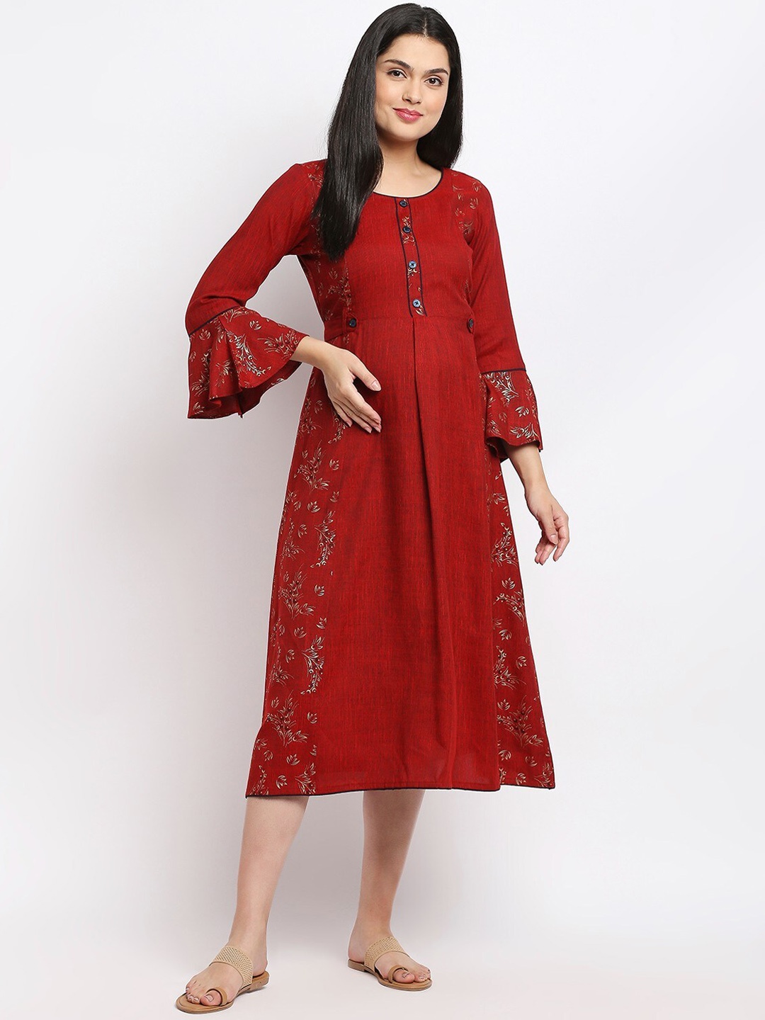 

True Shape Floral Printed Bell Sleeve Maternity Ethnic Dress, Maroon